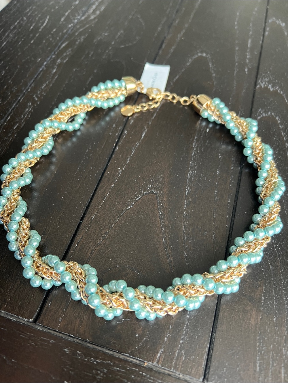 Charter Club Aqua and Gold Twisted Bead Choker Necklace